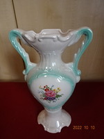German porcelain vase, two handles, floral, painted green. He has! Jokai.