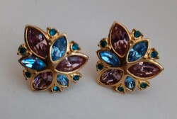 Retro earrings in a gold-plated frame, studded with a colored shiny polished stone with a secure clasp