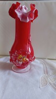 Fire red Italian blown glass vase with ruffled edges and special decoration