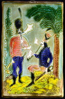 Two smoking pipe soldiers ... Glazed painted ceramic wall picture !