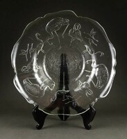 1K646 Nagyméretű jelzett flamingós francia üveg asztalközép kínáló tál 36 cm