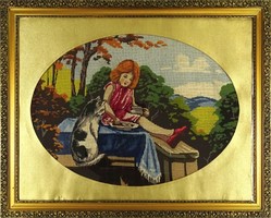 1J691 old huge tapestry with a little girl cat 80 x 100 cm