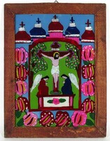 1J823 Antik erdélyi üveg ikon Krisztus a kereszten két anyal ábrázolással 46 x 37 cm