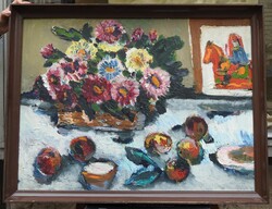 Painting by Mihály Schéner (1923 - 2009). Still life with gingerbread rider. Origin, marked!