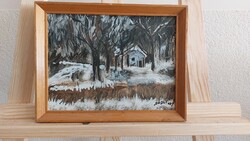 (K) Sédli István József festmény 20x26 cm kerettel téli táj kis házikóval