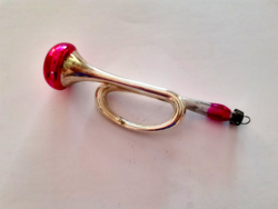 Régi üveg karácsonyfadísz ezüst trombita hangszer üvegdísz 14 cm