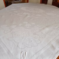 Antique w monogrammed tablecloth, damask, 125 x 120 cm