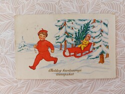 Régi karácsonyi képeslap levelezőlap gyerekek szánkó