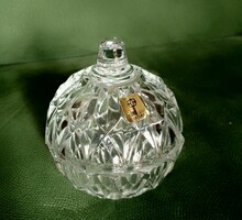 Szép kis mini kristály üveg bonbonier gömb, ékszertartó, gyűrűtartó, német etikett, hibátlan, 7 cm