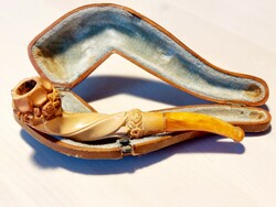 Gyönyörűen kidolgozott antik meerschaum, tajték, habkő pipa virág, rózsa mintával