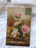 Antik újévi francia kézzel színezett képeslap/üdvözlőlap rózsacsokor 1918