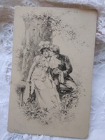 Antik hosszúcímzéses szecessziós romantikus képeslap/üdvözlőlap elegáns hölgy, úr 1900 körüli