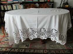 Dreamy antique richelieu handwork: richly embroidered linen tablecloth: 180 x 213 cm
