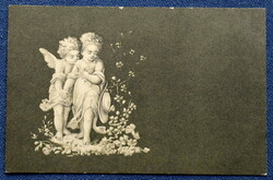 Antik relief hatású  grafikus üdvözlő művész képeslap  angyalka kisleánnyal