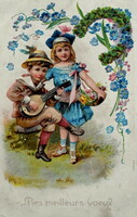 Antik dombornyomott litho képeslap zenélő gyermekek rózsával 4levelű lóheréből szerencsepatkó