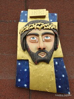 Naive art - Jesus wood carving - painted, carved needlework