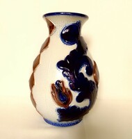 Vintage Old German Glaze Hand Painted Ceramic Hardware Vase, Pitcher, Marked, Cobalt Blue Pattern