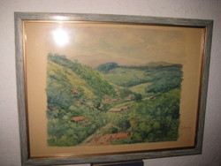 Gebauer Ernő : Zebegényi táj , akvarell , 31 x 41 cm rámával , üveg alatt