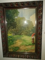Antal Neogrády, antique painting, - ladies in the garden - original work, from 1 forint.