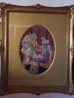 Gyönyörű Pierrott és Pierrette gobelin aranyozott keretben, régi