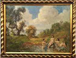 Herman Lipót (1884 - 1972) Fürdőző Nimfák a Balatonnál c festménye 90x70cm Eredeti Garanciával!