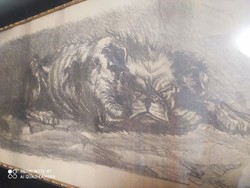 Nagy méretű, jelzett, fekvő kutyát ábrázoló grafika 1919-ből