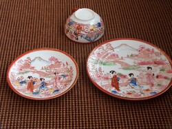 Öt teás csésze + öt alj + hat sütis tányér, finom japán porcelán