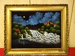 Landscape painted on black velvet, framed by picture framer Ferenc Hoffmann. He has! Jokai.