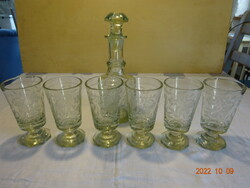 Wine set, 6 polished glass cups, 1 bottle with cork, unique, special pieces