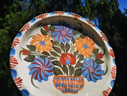 ANTIK NÉPI VIRÁGKOSARAS FALI TÁL, 29 cm