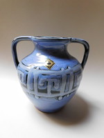 Blue handicraft vase with handles 17 cm
