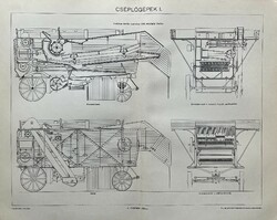 Antique 19th Sz threshing machines and technical print-paper- drawing, mechanical engineering, mechanism