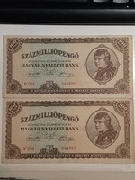 One hundred million pengő serial number tracking pair 1946, in good condition