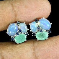 Emerald-opal-sapphire 925 silver earrings and pearl necklace for Anaxora
