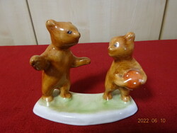 Bodrogkeresztúr glazed ceramic figure, pair of teddy bears playing a ball. He has! Jokai.