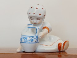 Old zsolnay porcelain jug girl with polka dot shawl
