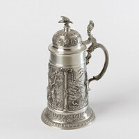 A large, perfect pewter cup depicting a hunting scene with an eagle on the lid artina sks zinn