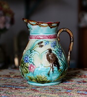 Rarity!! Antique English majolica, beautiful, bird, flawless jug, pitcher, marked
