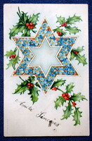 Antique Christmas greeting litho postcard star holly