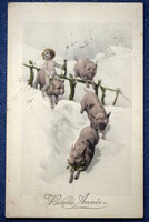 Antik grafikus Újévi üdvözlő képeslap  hóban szaladó malacok egyik hátán puttó pezsgővel