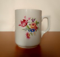 Antique old floral Zsolnay porcelain mug cup glass, tulip rose, marked, shield seal