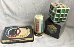 Bábel torony + Varázs gyűrű + Vadász kocka logikai játék 1982-ből, 1996-ból-rubik éra retro