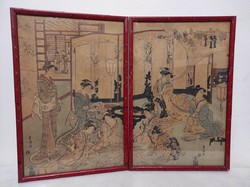Antik Japán fametszet színezett papír feliratokkal jelzett gésa életkép 2 darab 932 6054