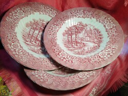 Gyönyörű angol jelenetes porcelán mély tányér, 3 db.