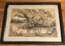 Charcoal drawing: tree in the swamp, 32.5*42.5 cm