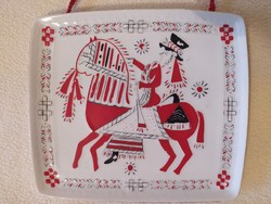 Hollóházi retro falidísz, falitál, lovas, huszár, 20 cm
