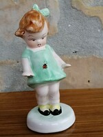 Bodrogkeresztúri katicás kislány figura /nipp, vízzöld  ruha  és masni