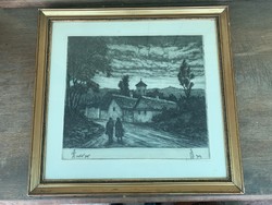 SALE !!! Conrad Gyula: faluvége rézkarc keretben