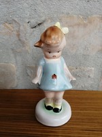 Bodrogkeresztúri katicás kislány figura /nipp, vízkék  ruha, sárga masni