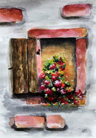 Window recess with flowers - watercolor
